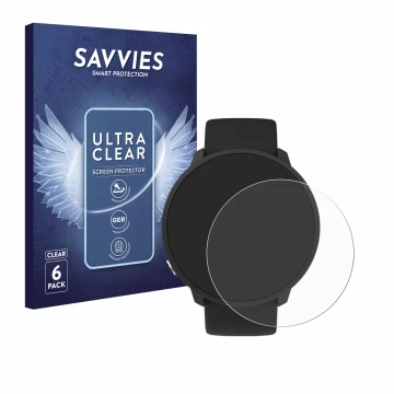 Vorderseite einer Produktverpackung mit dem Markenlogo Savvies. Daneben ist das Gerät Polar Unite mit dem zugehörigen Displays