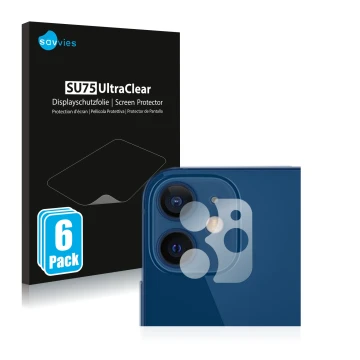 Vorderseite einer Produktverpackung mit dem Markenlogo Savvies. Daneben ist das Gerät Apple iPhone 12 (NUR Kameraschutz) mit d