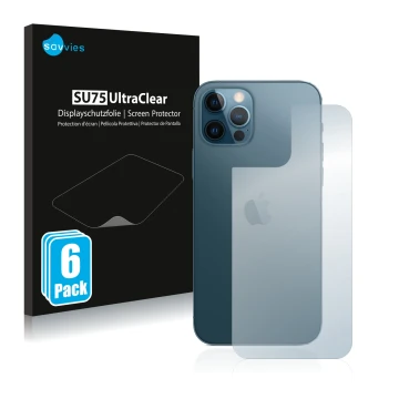 Vorderseite einer Produktverpackung mit dem Markenlogo Savvies. Daneben ist das Gerät Apple iPhone 12 Pro (Rückseite) mit dem 