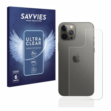 Vorderseite einer Produktverpackung mit dem Markenlogo Savvies. Daneben ist das Gerät Apple iPhone 12 Pro Max (Rückseite) mit 