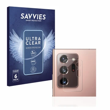 Vorderseite einer Produktverpackung mit dem Markenlogo Savvies. Daneben ist das Gerät Samsung Galaxy Note 20 Ultra (NUR Kamera