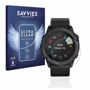 Vorderseite einer Produktverpackung mit dem Markenlogo Savvies. Daneben ist das Gerät Garmin Tactix Delta Solar Ballistic mit 