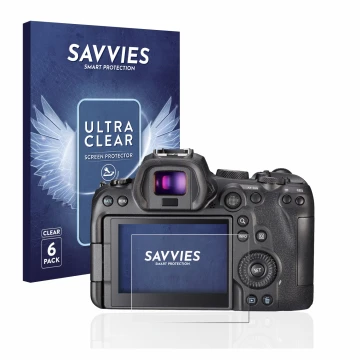 Vorderseite einer Produktverpackung mit dem Markenlogo Savvies. Daneben ist das Gerät Canon EOS R6 mit dem zugehörigen Display