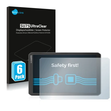 Vorderseite einer Produktverpackung mit dem Markenlogo Savvies. Daneben ist das Gerät Garmin Camper 890 mit dem zugehörigen Di
