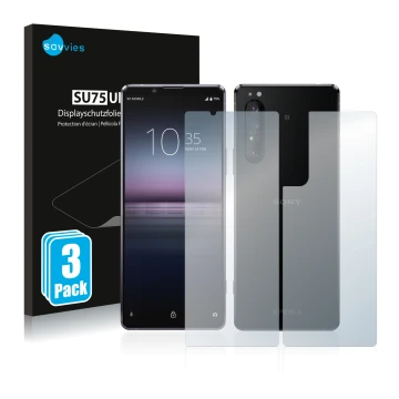 Vorderseite einer Produktverpackung mit dem Markenlogo Savvies. Daneben ist das Gerät Sony Xperia 1 II (Display+Rückseite) mit