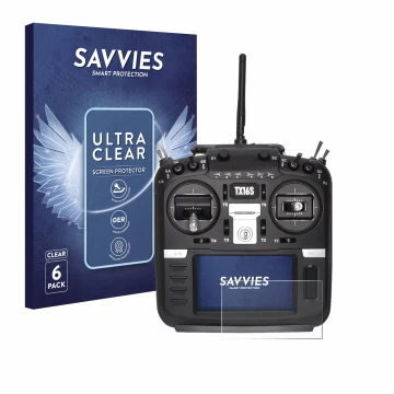 Vorderseite einer Produktverpackung mit dem Markenlogo Savvies. Daneben ist das Gerät Radiomaster TX16S mit dem zugehörigen Di