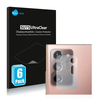 Vorderseite einer Produktverpackung mit dem Markenlogo Savvies. Daneben ist das Gerät Samsung Galaxy Note 20 Ultra 5G (NUR Kam