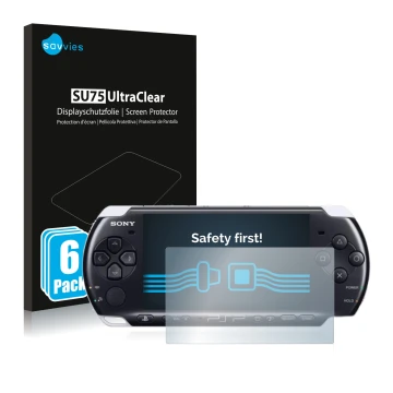 Vorderseite einer Produktverpackung mit dem Markenlogo Savvies. Daneben ist das Gerät Sony PSP 3003 mit dem zugehörigen Displa