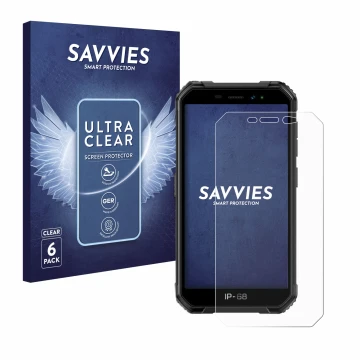 Vorderseite einer Produktverpackung mit dem Markenlogo Savvies. Daneben ist das Gerät Ulefone Armor X6 mit dem zugehörigen Dis
