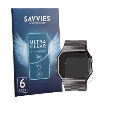 Vorderseite einer Produktverpackung mit dem Markenlogo Savvies. Daneben ist das Gerät Casio A168WEGG-1BEF mit dem zugehörigen 