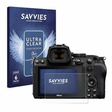 Vorderseite einer Produktverpackung mit dem Markenlogo Savvies. Daneben ist das Gerät Nikon Z 5 mit dem zugehörigen Displaysch