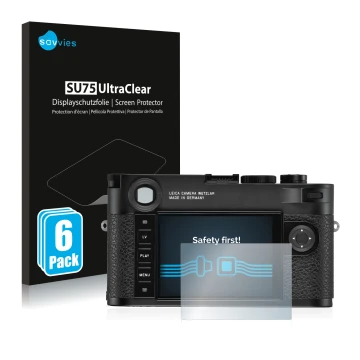 Vorderseite einer Produktverpackung mit dem Markenlogo Savvies. Daneben ist das Gerät Leica M10-R mit dem zugehörigen Displays