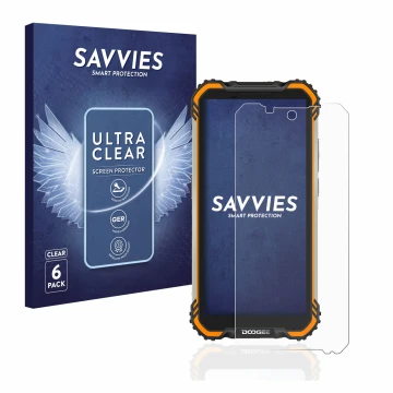 Vorderseite einer Produktverpackung mit dem Markenlogo Savvies. Daneben ist das Gerät Doogee S58 Pro mit dem zugehörigen Displ