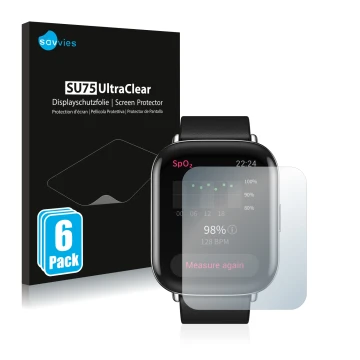 Vorderseite einer Produktverpackung mit dem Markenlogo Savvies. Daneben ist das Gerät Zepp E Square mit dem zugehörigen Displa