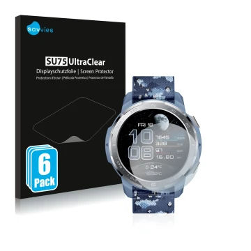 Vorderseite einer Produktverpackung mit dem Markenlogo Savvies. Daneben ist das Gerät Honor Watch GS Pro mit dem zugehörigen D