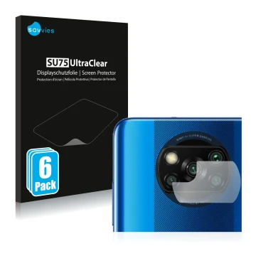 Vorderseite einer Produktverpackung mit dem Markenlogo Savvies. Daneben ist das Gerät Xiaomi Poco X3 NFC (NUR Kameraschutz) mi