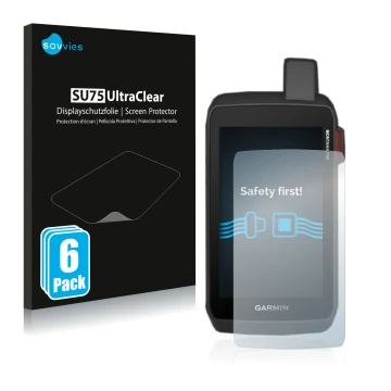 Vorderseite einer Produktverpackung mit dem Markenlogo Savvies. Daneben ist das Gerät Garmin Montana 700i mit dem zugehörigen 