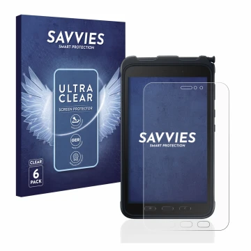 Vorderseite einer Produktverpackung mit dem Markenlogo Savvies. Daneben ist das Gerät Samsung Galaxy Tab Active 3 mit dem zuge