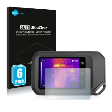 Vorderseite einer Produktverpackung mit dem Markenlogo Savvies. Daneben ist das Gerät Flir C5 mit dem zugehörigen Displayschut