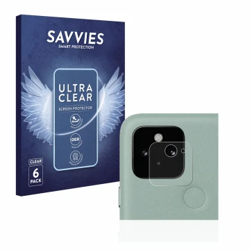 Vorderseite einer Produktverpackung mit dem Markenlogo Savvies. Daneben ist das Gerät Google Pixel 5 (NUR Kameraschutz) mit de