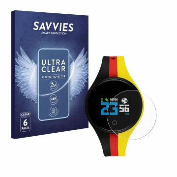 Vorderseite einer Produktverpackung mit dem Markenlogo Savvies. Daneben ist das Gerät Xlyne X-Watch EuroChamp mit dem zugehöri