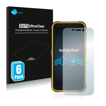 Vorderseite einer Produktverpackung mit dem Markenlogo Savvies. Daneben ist das Gerät Ulefone Armor X8 mit dem zugehörigen Dis
