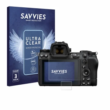 Vorderseite einer Produktverpackung mit dem Markenlogo Savvies. Daneben ist das Gerät Nikon Z 6 II mit dem zugehörigen Display