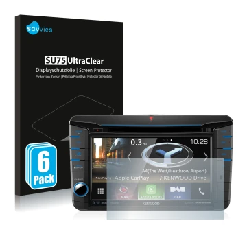 Vorderseite einer Produktverpackung mit dem Markenlogo Savvies. Daneben ist das Gerät Kenwood DNX518VDABS mit dem zugehörigen 