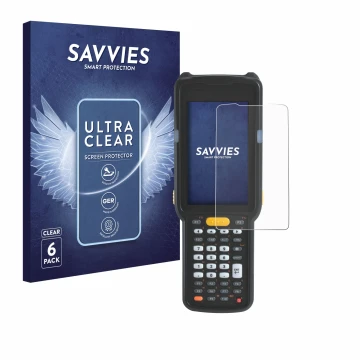 Vorderseite einer Produktverpackung mit dem Markenlogo Savvies. Daneben ist das Gerät Zebra MC330L mit dem zugehörigen Display