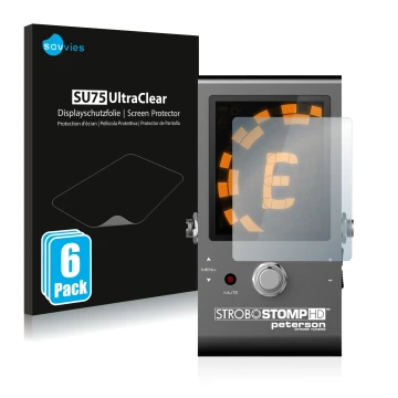 Vorderseite einer Produktverpackung mit dem Markenlogo Savvies. Daneben ist das Gerät Peterson Strobostomp HD mit dem zugehöri