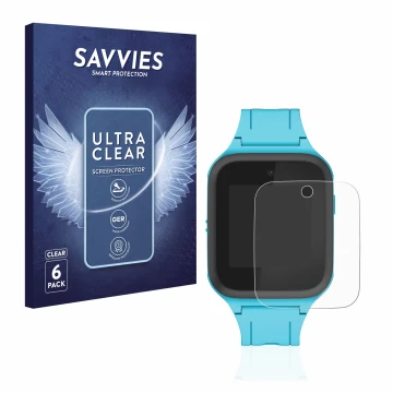 Vorderseite einer Produktverpackung mit dem Markenlogo Savvies. Daneben ist das Gerät TCL Movetime FamilyWatch Kids MT40X mit 