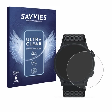 Vorderseite einer Produktverpackung mit dem Markenlogo Savvies. Daneben ist das Gerät Coros Pace 2 mit dem zugehörigen Display