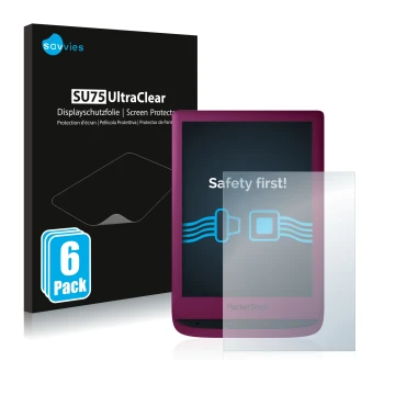 Vorderseite einer Produktverpackung mit dem Markenlogo Savvies. Daneben ist das Gerät PocketBook Touch Lux 5 mit dem zugehörig