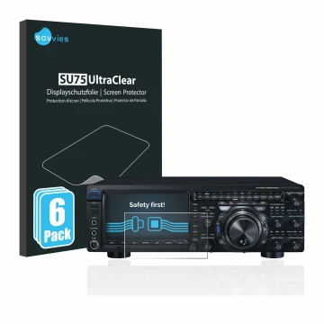 Vorderseite einer Produktverpackung mit dem Markenlogo Savvies. Daneben ist das Gerät Yaesu FT-DX101D mit dem zugehörigen Disp