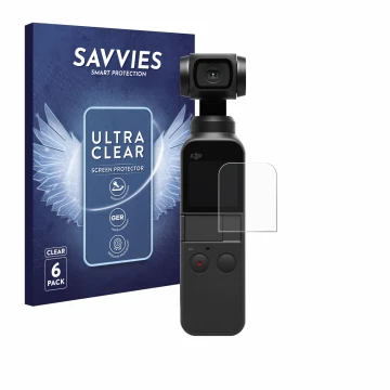 Vorderseite einer Produktverpackung mit dem Markenlogo Savvies. Daneben ist das Gerät DJI Osmo Pocket 2 mit dem zugehörigen Di