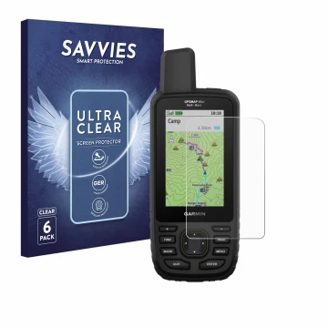 Vorderseite einer Produktverpackung mit dem Markenlogo Savvies. Daneben ist das Gerät Garmin GPSMAP 66sr mit dem zugehörigen D