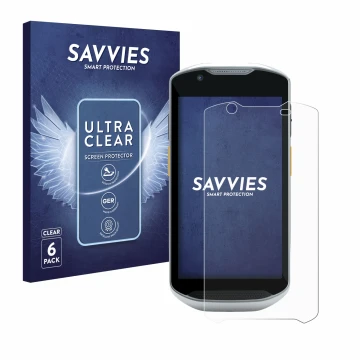 Vorderseite einer Produktverpackung mit dem Markenlogo Savvies. Daneben ist das Gerät Zebra TC57x mit dem zugehörigen Displays