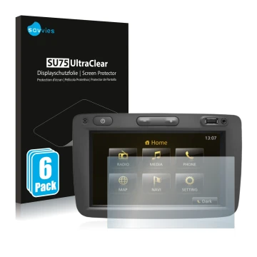 Vorderseite einer Produktverpackung mit dem Markenlogo Savvies. Daneben ist das Gerät Dacia Duster 2 2019 Infotainment System 