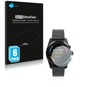 Vorderseite einer Produktverpackung mit dem Markenlogo Savvies. Daneben ist das Gerät Montblanc Summit Lite mit dem zugehörige