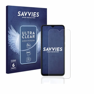 Vorderseite einer Produktverpackung mit dem Markenlogo Savvies. Daneben ist das Gerät Xiaomi Redmi 9AT mit dem zugehörigen Dis