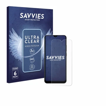 Vorderseite einer Produktverpackung mit dem Markenlogo Savvies. Daneben ist das Gerät Samsung Galaxy A02s mit dem zugehörigen 