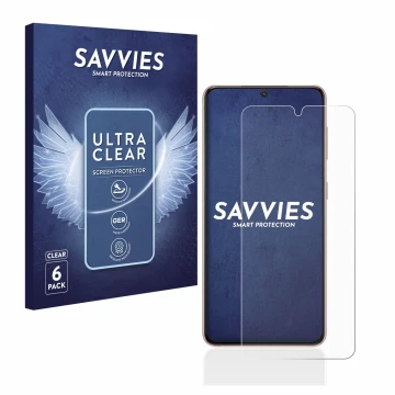 Vorderseite einer Produktverpackung mit dem Markenlogo Savvies. Daneben ist das Gerät Samsung Galaxy S21 5G mit dem zugehörige