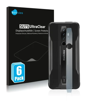 Vorderseite einer Produktverpackung mit dem Markenlogo Savvies. Daneben ist das Gerät Blackview BV6300 Pro (NUR Kameraschutz) 