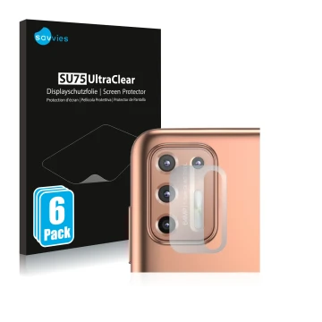 Vorderseite einer Produktverpackung mit dem Markenlogo Savvies. Daneben ist das Gerät Motorola Moto G9 Plus (NUR Kameraschutz)