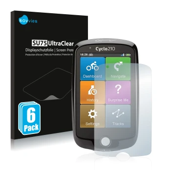 Vorderseite einer Produktverpackung mit dem Markenlogo Savvies. Daneben ist das Gerät Mio Cyclo 210 mit dem zugehörigen Displa