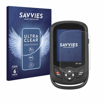 Vorderseite einer Produktverpackung mit dem Markenlogo Savvies. Daneben ist das Gerät Hti HT A2 mit dem zugehörigen Displaysch