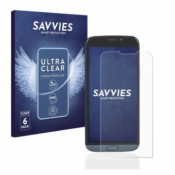 Vorderseite einer Produktverpackung mit dem Markenlogo Savvies. Daneben ist das Gerät Doro 8050 Plus mit dem zugehörigen Displ