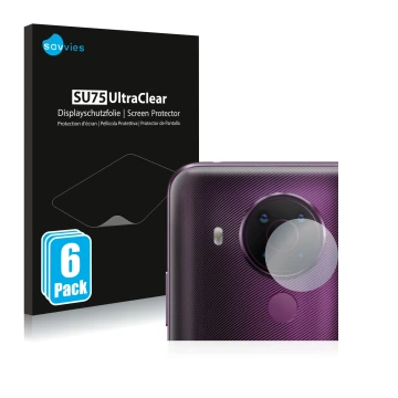 Vorderseite einer Produktverpackung mit dem Markenlogo Savvies. Daneben ist das Gerät Nokia 5.4 (NUR Kameraschutz) mit dem zug