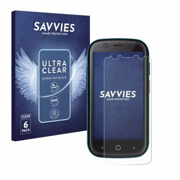 Vorderseite einer Produktverpackung mit dem Markenlogo Savvies. Daneben ist das Gerät Unihertz Jelly 2 mit dem zugehörigen Dis