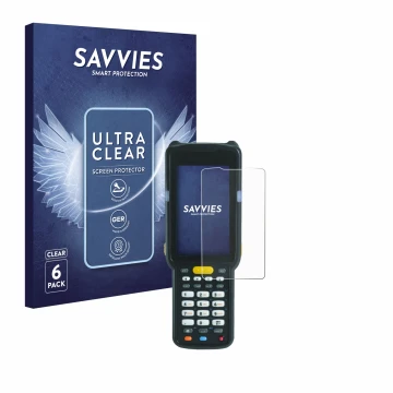 Vorderseite einer Produktverpackung mit dem Markenlogo Savvies. Daneben ist das Gerät Zebra MC3300X mit dem zugehörigen Displa